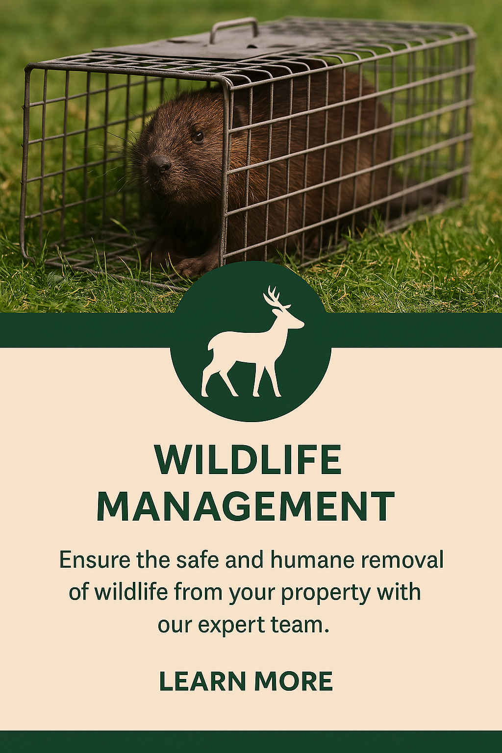 Wildlife management sign about humane removal of wildlife.